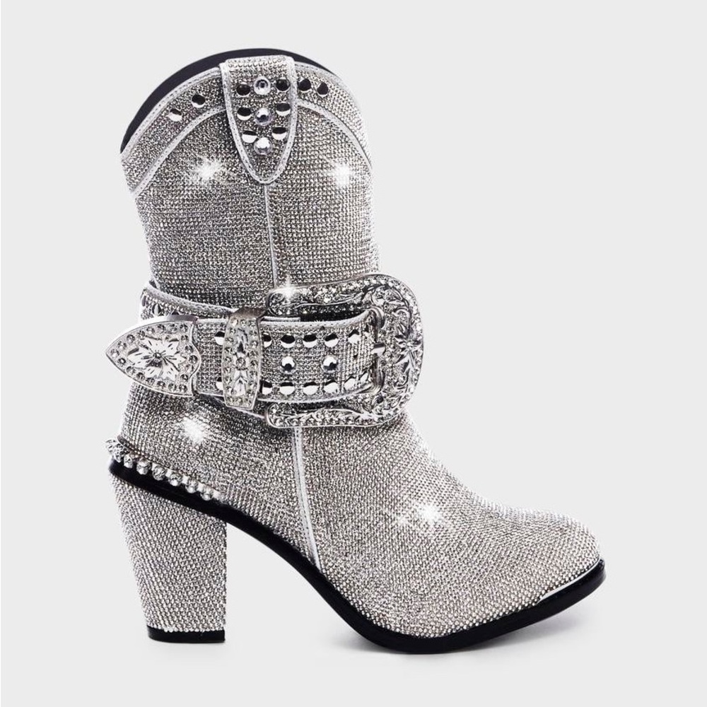 Dolls Kill Rhinestone Silver Cowboy Boots